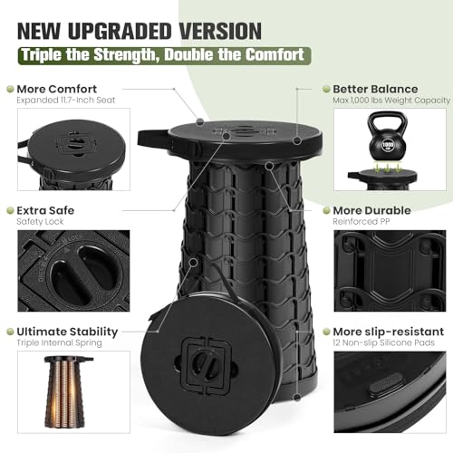 Qiguet XXL Collapsible Folding Stool Black 1000lb Capacity Portable Camping Chair