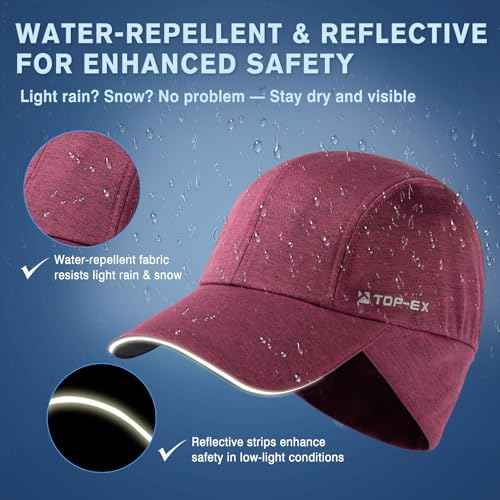 TOP-EX M/L/XL Unisex Water-Repellent Baseball Cap with Ear Flap Ponytail Hole Reflective Winter Hat Fleece Lining Hat
