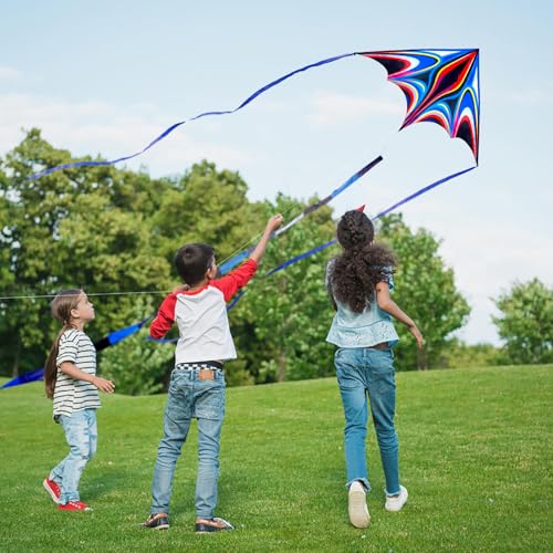 Large Delta Kite for Kids & Adults - Dark Blue Rainbow Easy Fly Durable Beach Kite