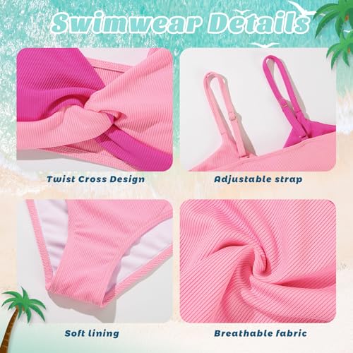 Girls' Two-Piece V-Neck Bikini Set with Spaghetti Straps and Twist Cross Design - Rose & Pink, Size 11-12 Years