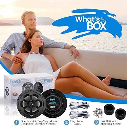 Pyle Two Way Marine Speaker System, One Pair 6.5'' Black Two-Way Marine Component Speaker, 240 Watts Max Power with 4 Ohm Impedance, Waterproof, Butyl Surround Sound and Surface Mount Capability