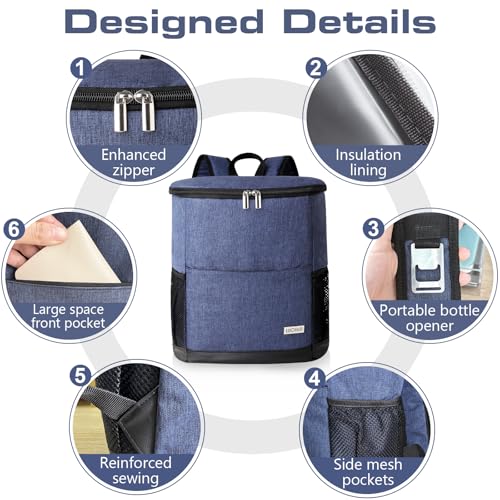 Insulated Waterproof Cooler Backpack for Outdoor - Navy Blue, 30 Can Capacity