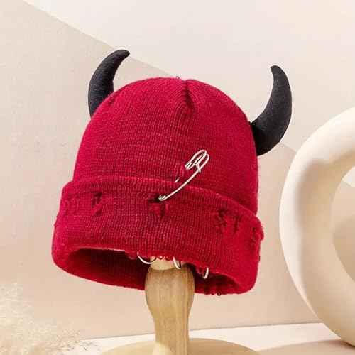 Gothic Devil Horn Knitted Beanies for Women Men Y2K Funny Crochet Skull Hat Warm Winter Cap Halloween Accessories