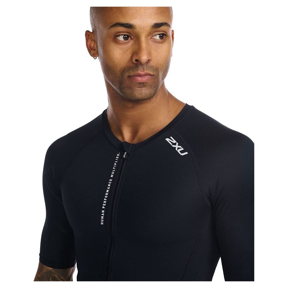 2XU Men's Trisuit Aero Sleeved Front Zip - Performance Triathlon Suit for Muscle Support - Black/White - Size Small