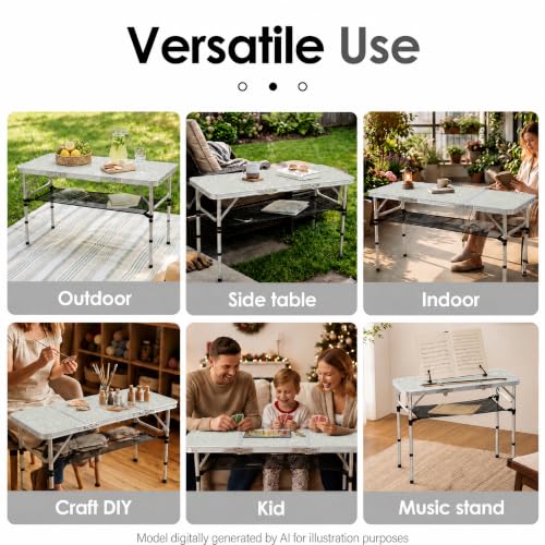 Silver Folding Camping Table 3 Foot with Adjustable Heights & Storage - Portable Lightweight