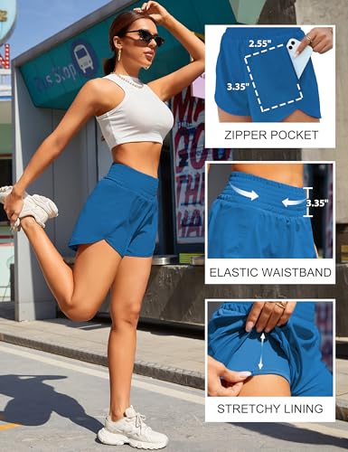 Women’s Athletic Shorts High Waisted with Pocket, Medium Ocean Blue