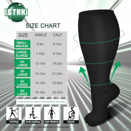 Wide Calf Compression Socks for Women Men Plus Size Knee High Stockings 5X-Large Black
