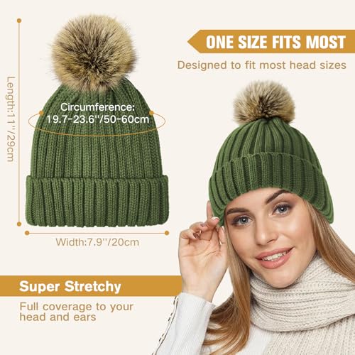 Satin Lined Beanie for Women Knit Winter Hats Silk Lined Womens Beanie with Detachable Pom Pom