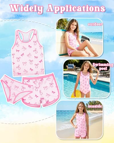Girls Tankini Swimsuit 3 Piece Bathing Suit Set Pink White Striped Bow Summer UPF 50+ Racerback