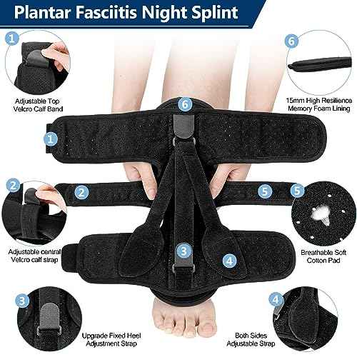Upgraded Plantar Fasciitis Night Splint, 3 Adjustable Straps Plantar Fasciitis Relief Braces for Achilles Tendonitis, Foot Drop & Heel Spur Pain Relief Day & Night (Black)