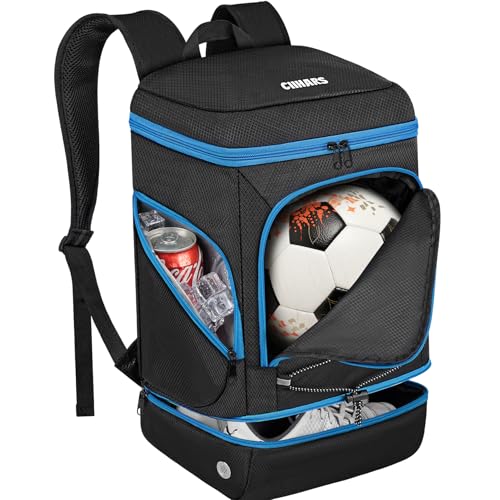 Soccer Backpack with Ball Holder, Shoe Compartment & Insulated Cooler Pocket - Black Blue, 2025 Variant