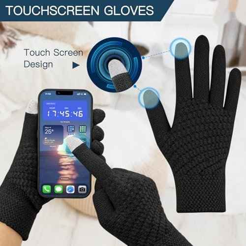 4pcs Winter Beanie Hat Scarf Touch Screen Gloves Warm Knit Socks Set for Women Knit Hat with Faux Fur Ball Scarves Glove