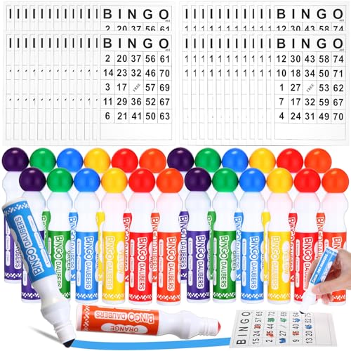 Bingo Card and Dauber Set with 180 Cards and 24 Colorful Markers