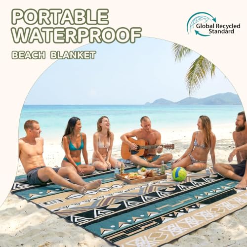 Boho Green Waterproof Picnic Blanket 6'8" x 6'8" Large Square Outdoor Beach & Camping Mat - Extra Large, Foldable, Sandproof, Family Friendly