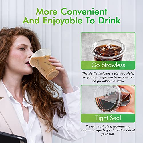 Clear Plastic Cups with Sip Lids - 12 oz, 100 Pack, Strawless Design
