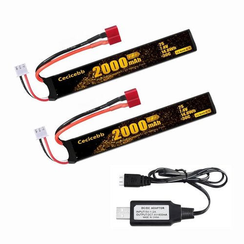Cecicebb Airsoft Battery 7.4V 2000mAh 30C with T Plug for Airsoft Model Guns Rechargeable 2S Lipo Battery 2 Pack with 7.4V USB Charger Cable