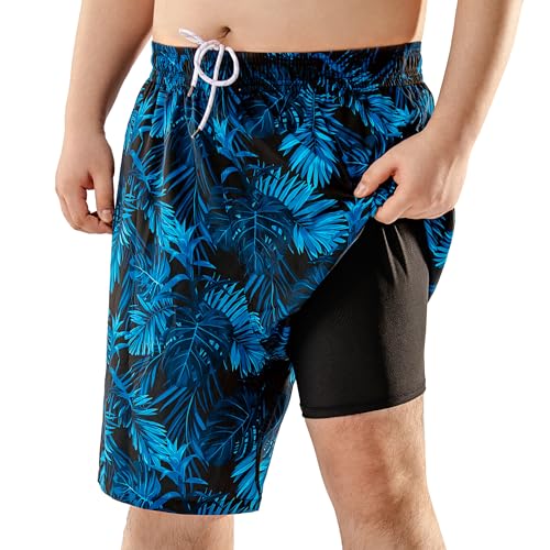 Big and Tall Men's Swim Trunks with Compression Liner - Black Blue Tropical, 42