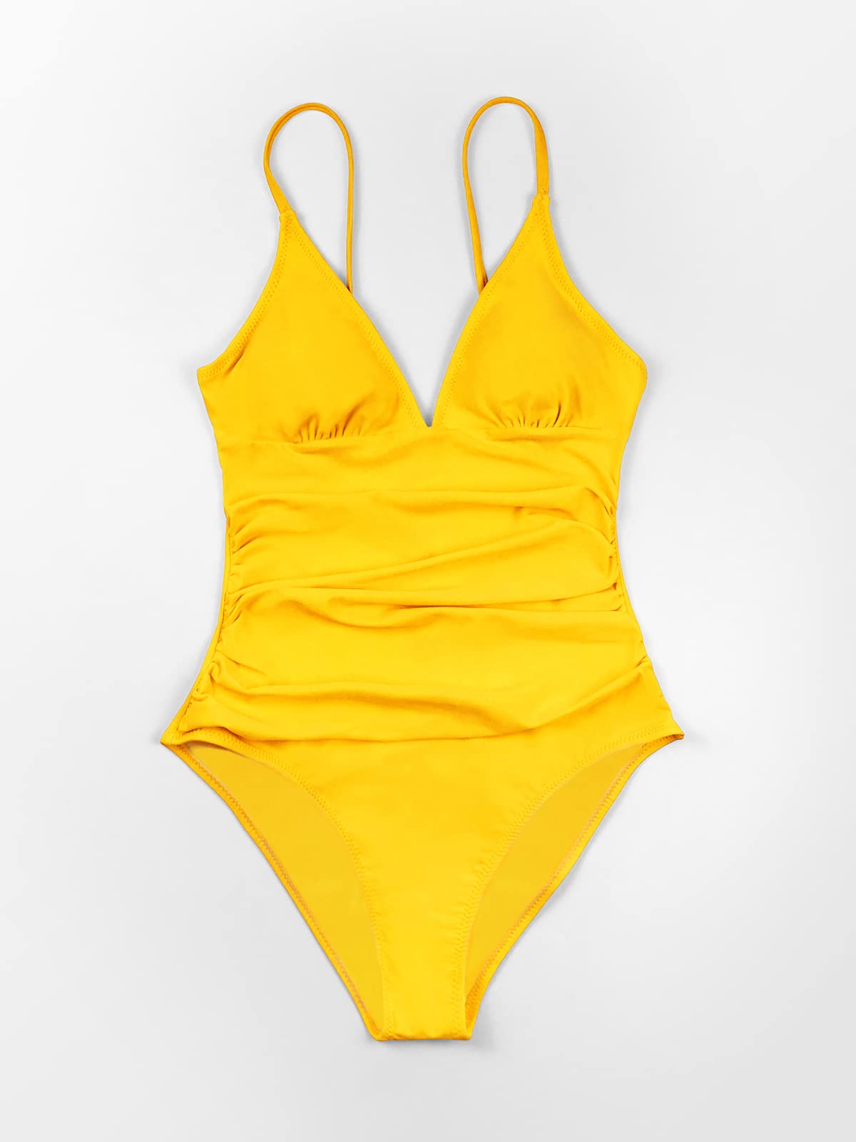 CUPSHE Women's Shirring Design V-Neck Low Back One Piece Swimsuit, XS Yellow