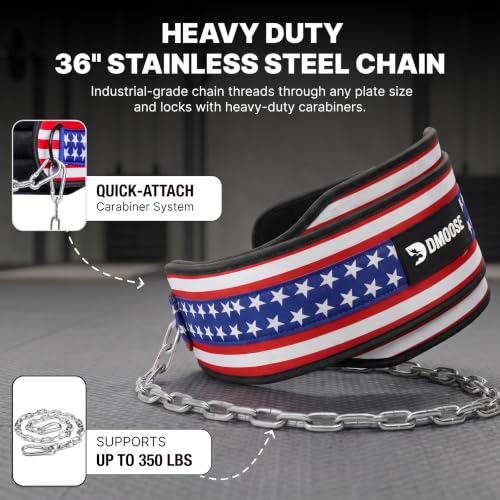 American DMoose Fitness Dip Belt for Weightlifting & Pull-Ups, 36-Inch Steel Chain, Neoprene Padding Supports 350lbs