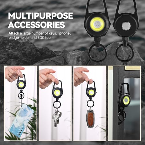 Retractable Keychain Condenser Flashlight 300 Lumens Rechargeable 4 Working Modes with Key Ring and Quick Assembly Ring 30 Inch Dyneema Cord for Work Light,Fishing, Camping, Hiking,Emergency (Black)