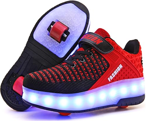 Kids Roller Shoes with Lights - A-Red, Lightweight & Breatheable, Beginner Sneakers with Wheels, USB Charging - Little Kid Size 1