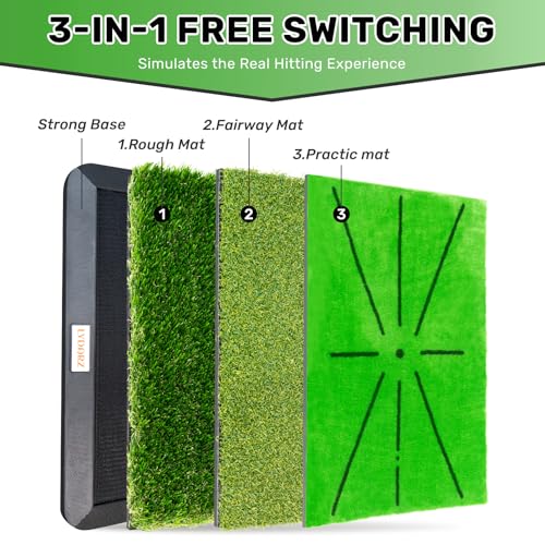 Golf Hitting Mat Set with Swing Feedback and No-Slip Rubber Base - 3 Interchangeable Practice Mats