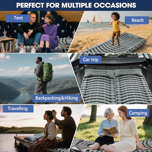 Ultralight Camping Sleeping Pad with Pillow & Built-in Foot Pump - Grey