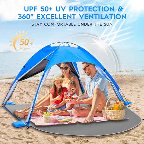 Beach Tent Sun Shelter for 3?4 People, UPF 50+ Beach Tent with Breathable 4-Door Design, 8.0mm Fiberglass Poles, Portable Sun Shade Canopy for Camping & Outdoor ? Blue