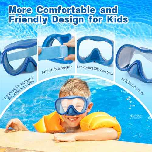 Kids Swim Goggles, Anti-Leak Snork Mask with Nose Cover & Elastic Fabric Strap, UV Protection Swimming Goggles for Kids Boys Girls