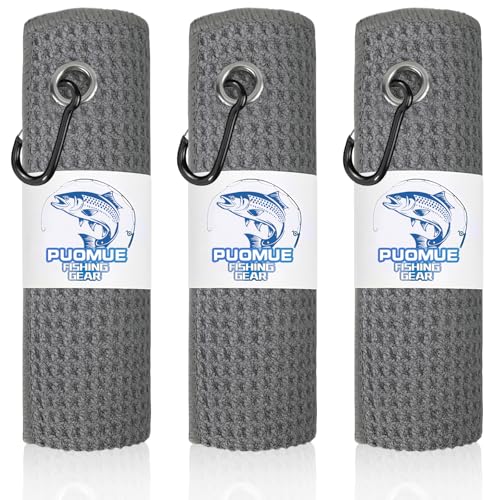 Grey 16x16 Microfiber Fishing Towels with Clip - Waffle Pattern 3 Pack