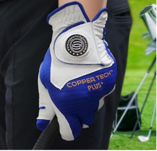 Copper Tech Plus Men’s Golf Glove – White/Royal Blue – Copper Infused Compression for Arthritis Relief, Non-Slip Silicone Grip – USGA Approved, 1 Pack, One Size Fits Most