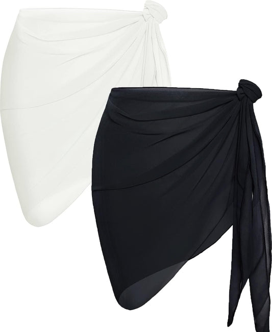 2 Pieces Sarong Cover Ups for Women Beach Bathing Suit Wrap Sheer Short Skirt Bikini Chiffon Scarf for Swimwear (Black and Green Blue)