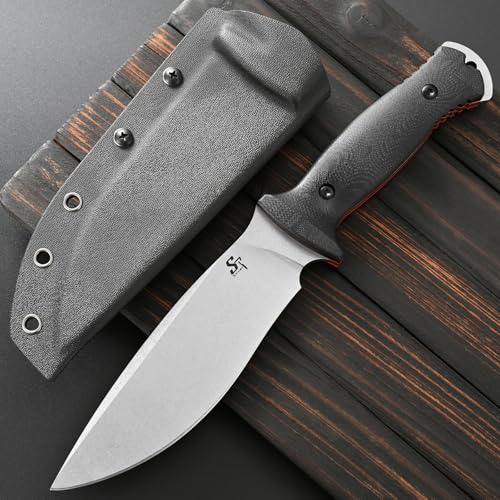 Fixed Blade Knife with Stonewashed Steel Blade and G10 Handle - Silver, Full Tang, Survival Outdoor Knife