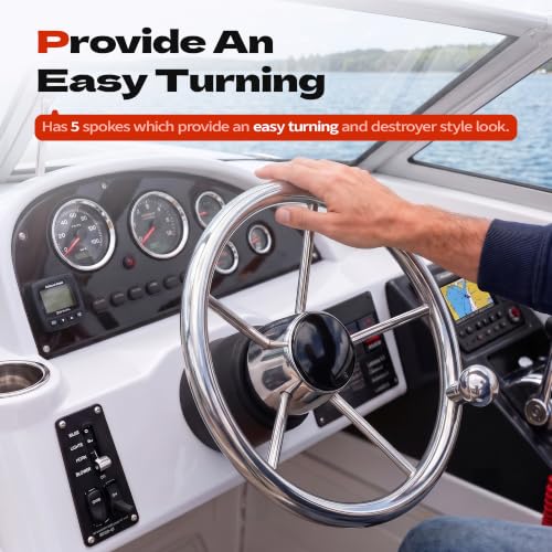 Silver 11 Inch Boat Steering Wheel - Marine 5-Spoke Destroyer Style with Control Knob & Center Cap, Stainless Steel