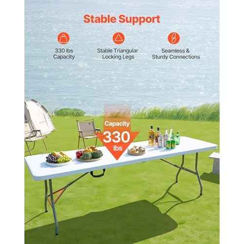VEVOR Folding Table, 8 Ft Heavy Duty Portable Fold-in-Half Utility Table, Indoor Outdoor Plastic Rectangle Table with Built in Handle, for Party, Dining, Wedding, Events, Picnic, Camping, White