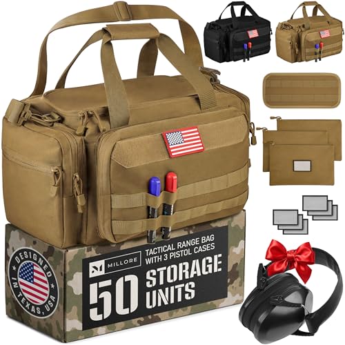 Tactical Range Bag with Pistol Cases & Hearing Protection - Khaki Brown