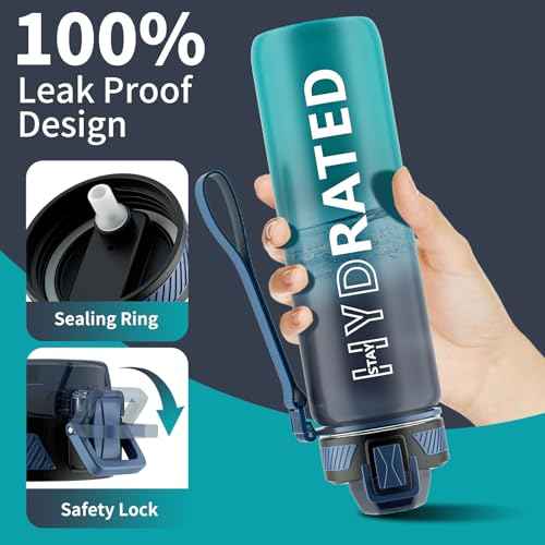 Water Bottle with Straw, 32oz Motivational Water Bottles with Time Marker to Drink, Tritan BPA Free, 1L Sports Water Bottle with Carry Strap LeakProof for Women Gym Fitness Outdoor (1 Pack)
