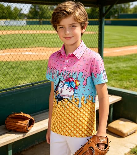 Cozople Boys Polo Shirt - Lightweight Short Sleeve Collared Top for 5-14 Years, Ball Ice Cream Pattern