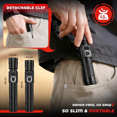 High Lumens Rechargeable LED Flashlight with Power Display, Waterproof, Focusable