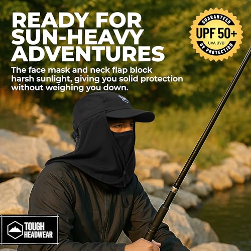 Tough Headwear Fishing Cap with Face Mask & Neck Flap - Black - Sun Protection UPF 50
