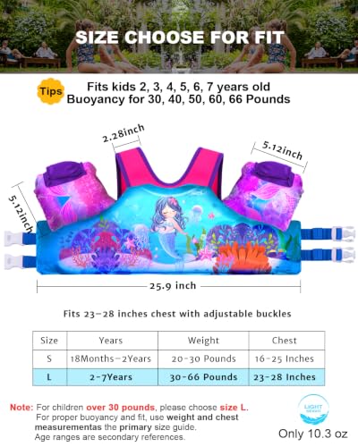 Toddler Swim Vest with Adjustable Fit - Mermaid / L, 30-66 lbs, 2-7 Years