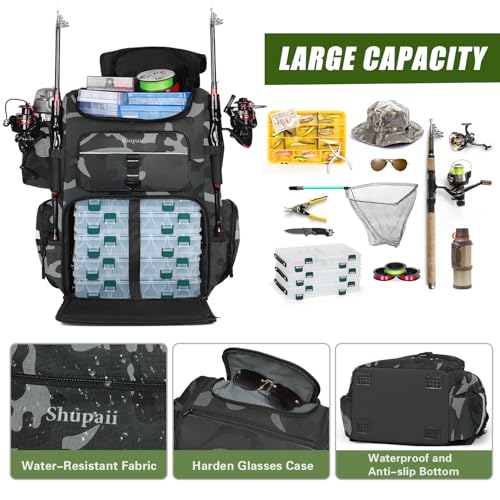Camouflage Fishing Backpack with 2 Rod Holders, 45L Water-Resistant Tackle Bag for Men
