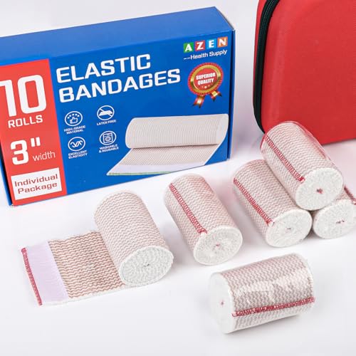 AZEN Premium 10 Pack Elastic Bandage Wrap 3 Inch, Compression Wrap Bandage for Legs, Ankle, Knee, Tummy, Body, Lymphedema Wraps for Legs, Latex-Free