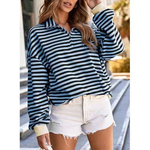 EVALESS Oversized Sweatshirt for Women 2024 Fall Outfits Fashion Long Sleeve Shirts Striped Quarter Zip Pullover Tops