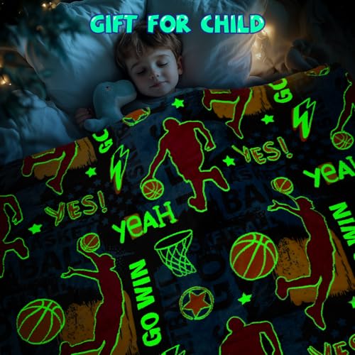 Glow in The Dark Basketball Blanket for Kids 50x60 Black Toddler Toy Gift