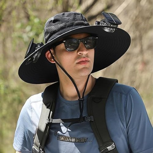 Wide Brim Solar Fan Hats for Men Women - UPF 50+ Hat with Solar Fans Built in- Removable & USB Charging Fan (US, Alpha, One Size, Large, Petite Plus Size, Black)