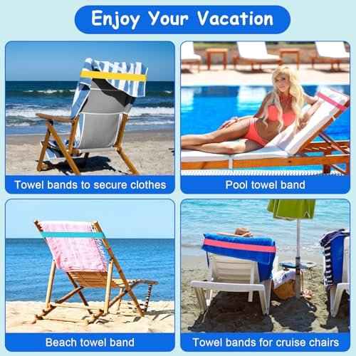 5 Pack Beach Towel Bands Beach Towel Clips for Cruise Chairs, Pool Chairs Towel Strap Towel Holder Cruise Ship Essentials Elastic Towel Band Beach Accessories for Women Men