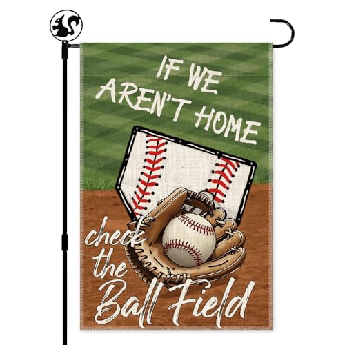 If We Aren't Here Check The Ball Field Baseball Sport Garden Flag, 12x18 in Double Sided Outdoor Decor Yard Flags, Funny Gifts for Baseball Lovers Softball Lover, Softball Mom Dad Gifts