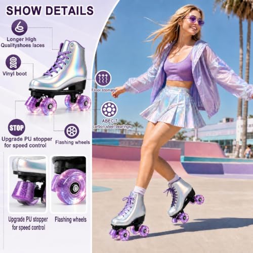 Holographic Purple Flash Quad Roller Skates for Women Men 8.5/7 Indoor Outdoor