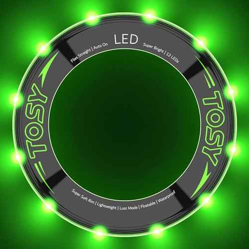 TOSY Flying Ring - 12 LEDs, Super Bright, Lost Mode, Auto Light Up, Camping Essentials for Kids/Teens/Boy/Girl, Safe & Soft, Waterproof, Pool/Beach Games, Lightweight Toy (Green)
